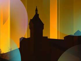 Festival rhénan Le Munot est illustré en noir. Derrière, il y a un fond éclairé en jaune et orange.