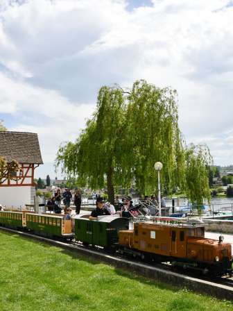 Des personnes traversent un parc au bord du Rhin à bord d'un train miniature.