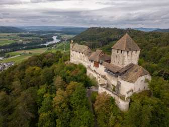 Un vieux château sur une colline. Entouré d'une forêt. En arrière-plan, quelques maisons et une rivière.