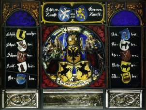 Vie de la guilde Visite guidée Allerheiligen Vitraux Un vitrail sur la ville de Schaffhouse.