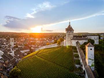 Munot et vieille ville de Schaffhouse Vue sur la forteresse ronde du Munot avec des vignes. Derrière, on voit la vieille ville de Schaffhouse. Derrière la colline, le soleil se couche.