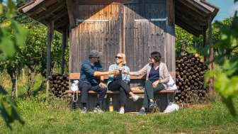 Trois personnes sont assises sur un banc en bois devant un Räbhüüsli dans les vignes. Ils trinquent avec un verre de vin blanc.