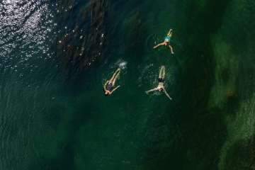 Vogelperspektive, wie drei Freunde im grün und blau schimmernden Rhein schwimmen.
