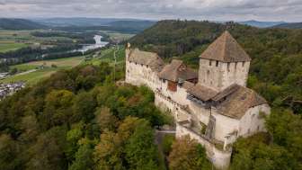 Un vieux château sur une colline. Entouré d'une forêt. En arrière-plan, quelques maisons et une rivière.