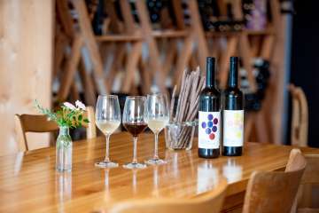 Leibacher Wein Stein am Rhein Sur une table en bois, il y a des grisini, une fausse bouteille de vin rouge et une fausse bouteille de vin blanc, ainsi que deux verres à vin blanc et un verre à vin rouge.