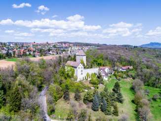 Vue d'en haut sur le château d'Herblingen et le village de Stetten, situé derrière. Le château est entouré de forêt.