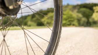 Vélo Partie d'une roue de vélo qui roule sur un chemin naturel. En arrière-plan, on voit la lisière de la forêt.