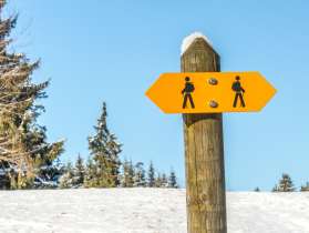 Un panneau indicateur jaune sur un champ enneigé.