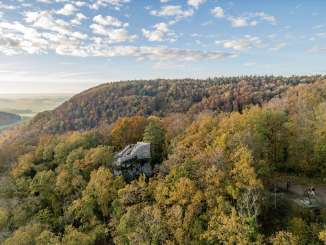 Blick von oben auf den orangenen Wald, wo eine Ruine herausblickt.