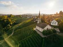 Blick bei goldigem Abendlicht auch die Kirche Buchberg / Rüdlingen und Reben. Dahinter sieht man ein Dorf.