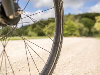 Partie d'une roue de vélo qui roule sur un chemin naturel. En arrière-plan, on voit la lisière de la forêt.