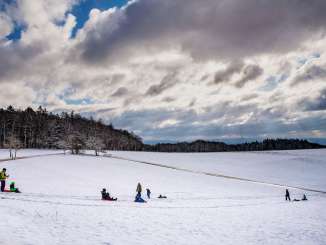 Faire de la luge sur le Randen Plusieurs familles descendent en luge une petite colline enneigée. En arrière-plan, on aperçoit la lisière de la forêt.