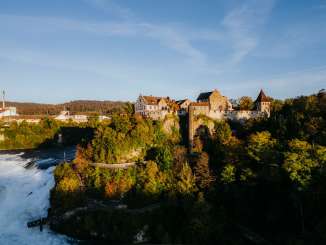 Über dem Rheinfall thront das Schloss Laufen. Die herbstliche Abendsonne taucht das Schloss und die Bäume in ein goldenes Licht.